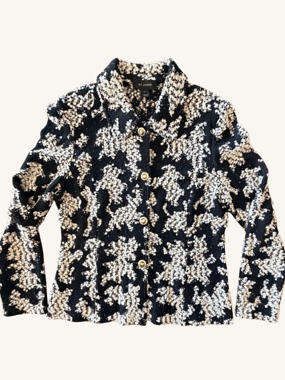 Vintage St. John Knit Jacket Black Ivory Boucle Gold Crest Buttons Size 16